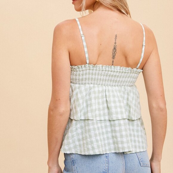 HEM & THREAD Light Green Gingham Tiered Ruffle Smocked Top, Sleeveless Peplum - Picture 5 of 5